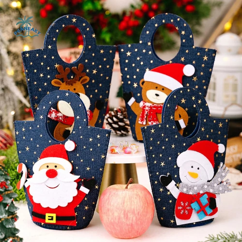 Sac cadeau de Noël mignon de grande capacité, sac à main en jean avec motif de bonhomme de neige/eland, sac à biscuits, décoration de vacances
