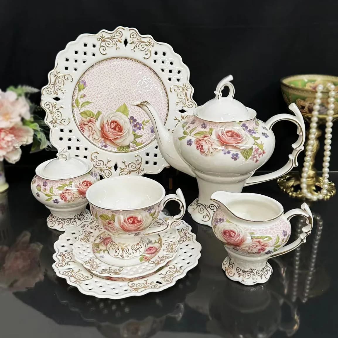 Service à café pour thé de l'après-midi, style palais, tasse à café, pot ajouré, plaque Dim sum