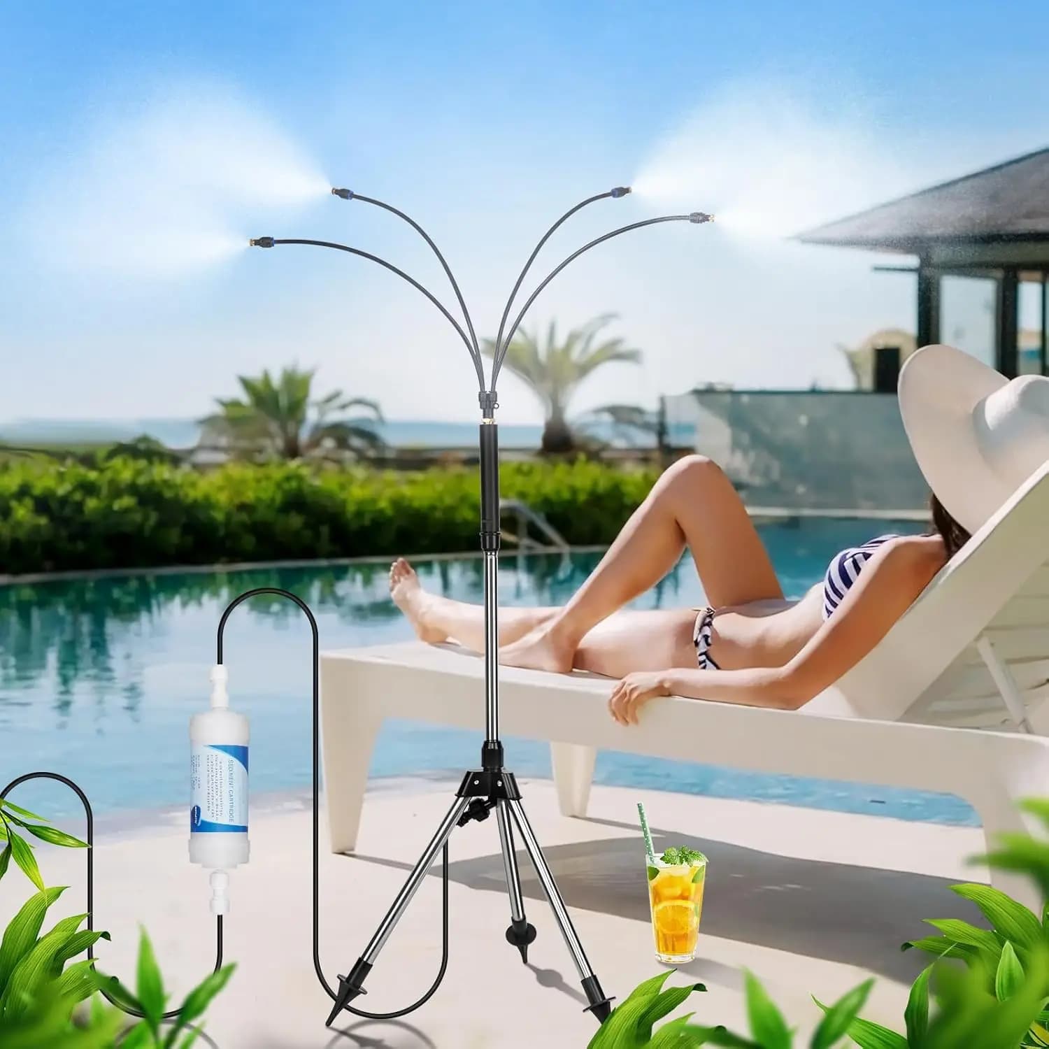 Brumisateur sur pied pour patio extérieur avec filtre - Hauteur réglable 3,2-4,1 pieds Ligne de système de brumisation Brumisateur d'eau portable 26,5 pieds