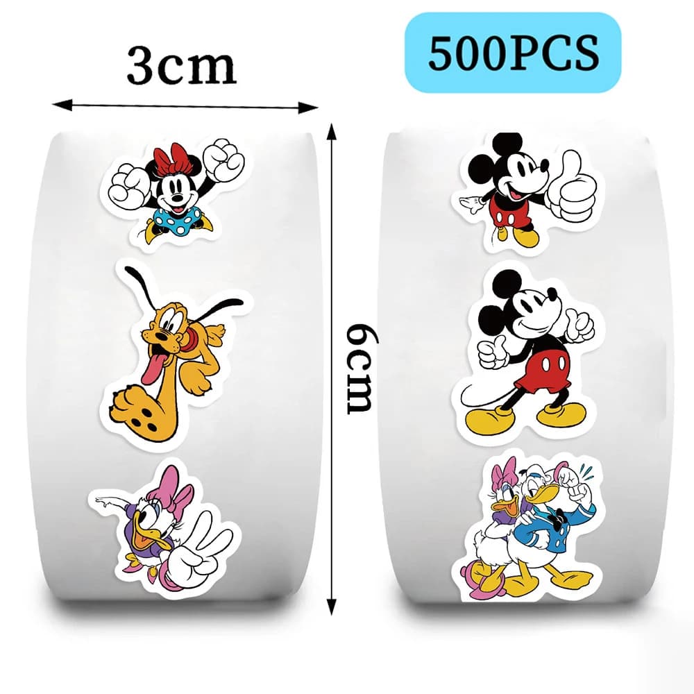 Rouleau d'autocollants de scellage dessin animé Disney Mickey Mouse Donald Duck, 500 pièces/rouleau, autocollants de décoration pour ordinateur portable en PVC, jouets cadeaux de récompense, DIY brico