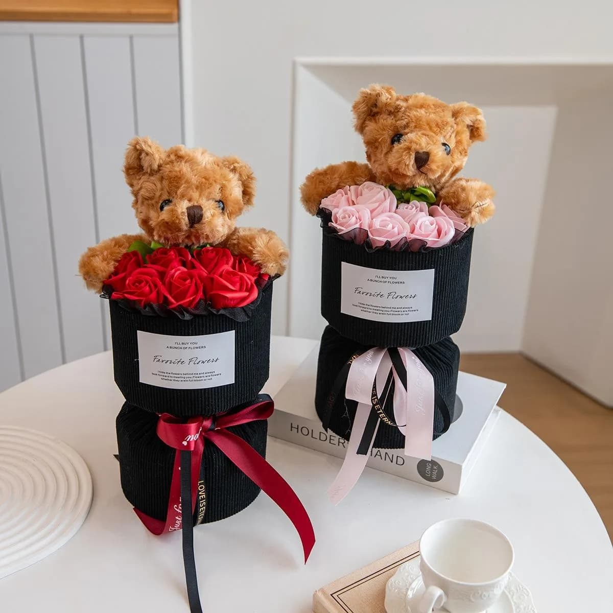 Cadeau de saint-valentin pour son Bouquet de roses avec ours mignon, fleur artificielle, décoration de maison pour salon, chambre à coucher, décoration de mariage