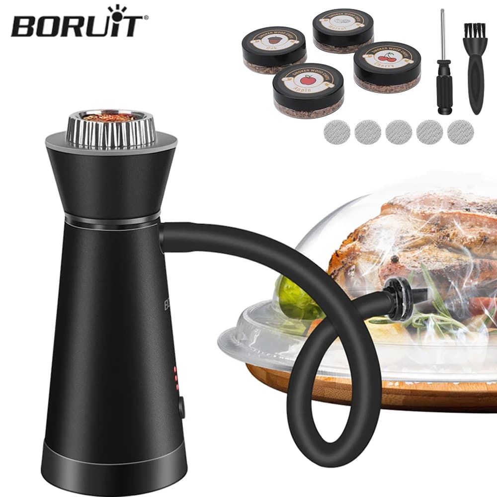 BORUiT Infuseur de fumée alimentaire boisson générateur de fumée froide barre Portable Cuisine moléculaire pistolet à fumer viande brûlure cuisson pour BBQ alimentaire