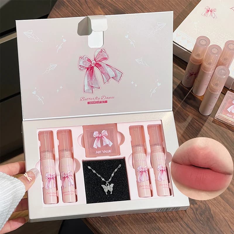 6 pièces/boîte mat rouge à lèvres ensemble lèvres maquillage velours nu brillant à lèvres hydratant lèvres glaçure visage Blush Palette maquillage ensemble collier cadeau