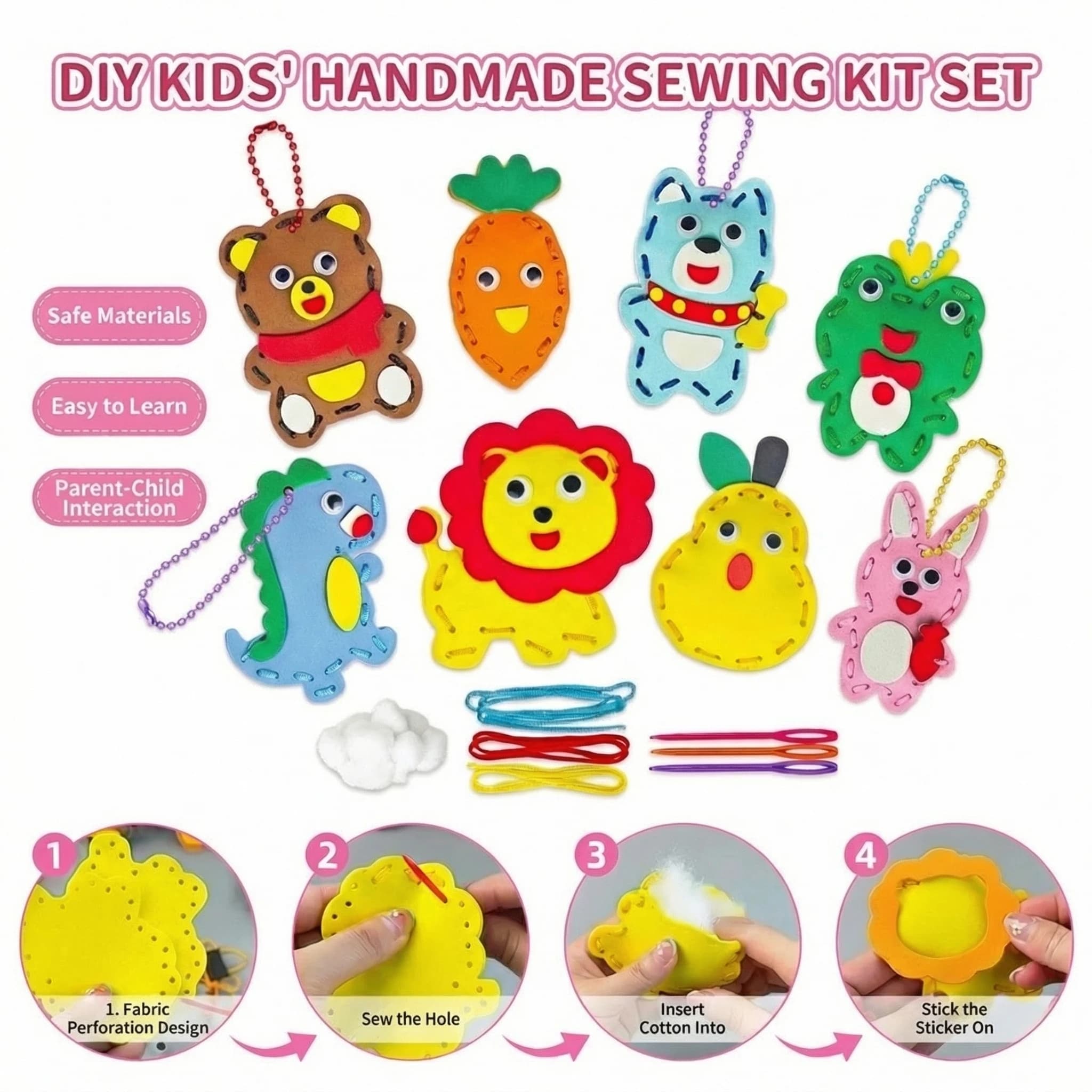 Kit de couture animaux mignons sans désordre en EVA, 8 projets faciles pour débutants, apprendre à coudre, loisirs créatifs, garçons filles, pendentifs DIY, coudre et coller, cadeau animalier