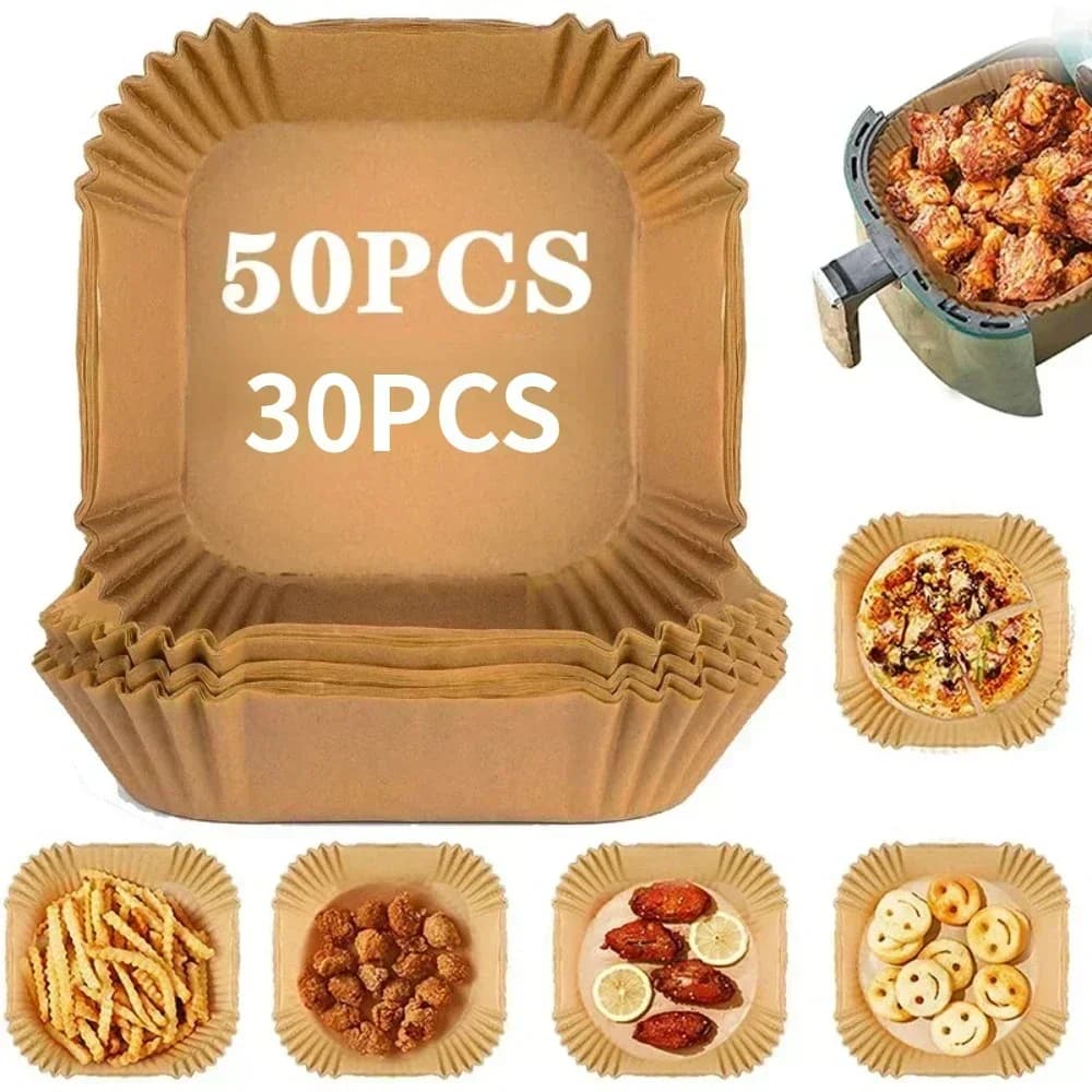 Accessoires de cuisine en papier pour friteuse à Air, ustensiles de cuisine jetables, moules à pâtisserie carrés et ronds, plaque de barbecue, tampon antiadhésif, 50/30 pièces