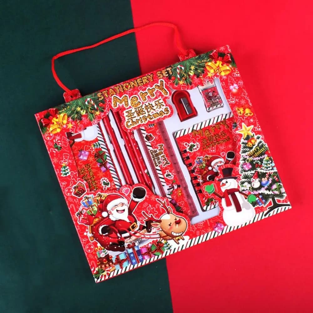 Coffret cadeau pour étudiant, ensemble de papeterie de noël, règle, bloc-notes, crayons de noël, gomme, cadeaux de papeterie de noël