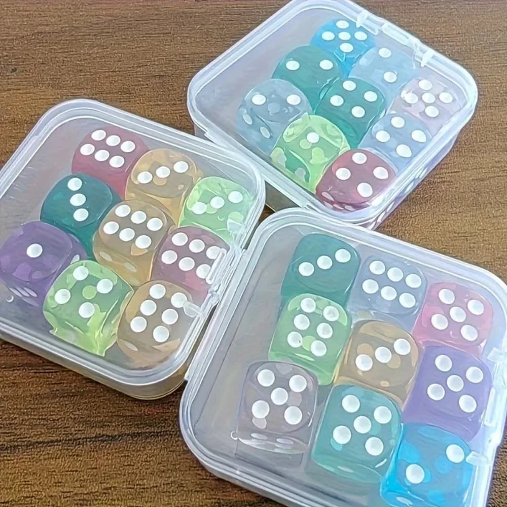 Boîte de 9 pièces, taille 14 mm, dés transparents en boîte, dés à lancer, tamis pour dés