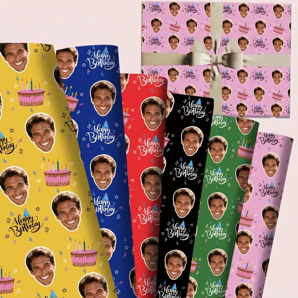 Papier d'emballage personnalisé Joyeux Anniversaire - Personnalisez votre photo avec un motif de gâteau d'anniversaire - 1/2/5 pièces