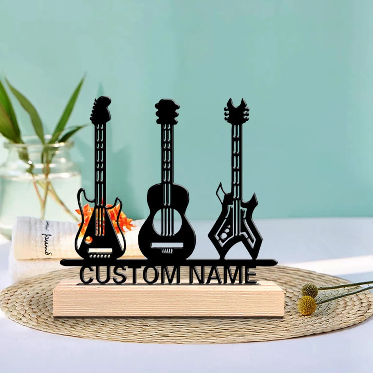Statues de guitare personnalisées en métal, 1 pièce, cadeau de musicien avec Base en bois, parfait pour les batteurs, les membres du groupe, la musique
