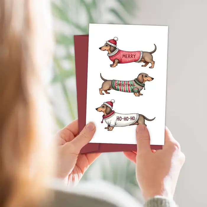 Carte de vœux de teckel de Noël, carte de Noël au design de chien avec enveloppe, cartes cadeaux pour la famille des amis