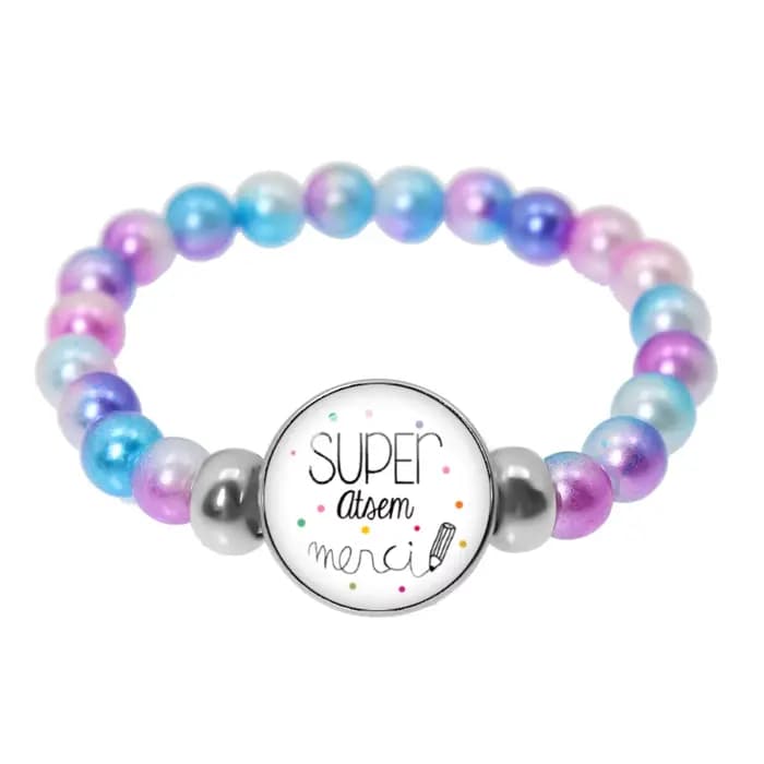 Bracelet élastique fait main avec perles colorées et breloque cabochon en verre, cadeau pour la Fête des Enseignants, motif 'Merci Maitresse'