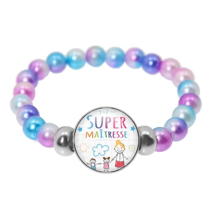 Bracelet élastique fait main avec perles colorées et breloque cabochon en verre, cadeau pour la Fête des Enseignants, motif 'Merci Maitresse'