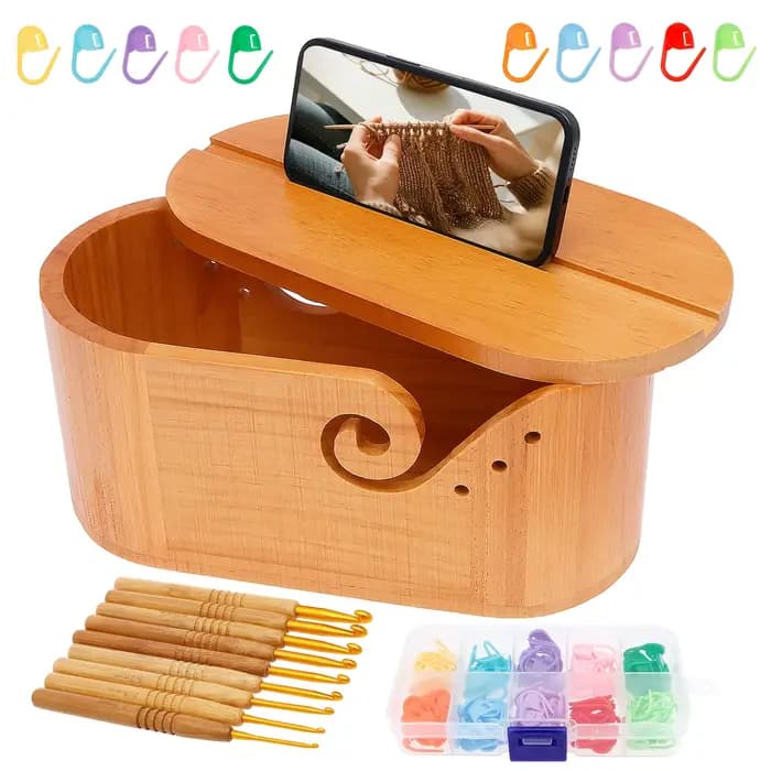 Bol de rangement de fil ovale, 1 pièce, bols de rangement de fil au Crochet avec couvercles, boîtes de rangement de laine en bois, outils de tricot, bol de rangement pour amoureux du tricot