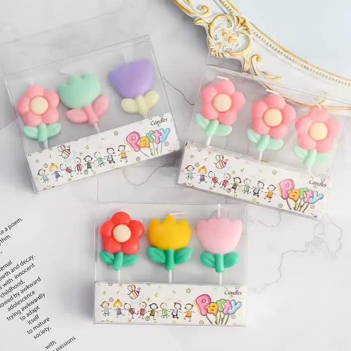 Bougie en forme de fleur de dessin animé, décoration de gâteau, couleur fleur créative, bougie d'anniversaire, fête, Dessert, décoration de cuisson, plug-in