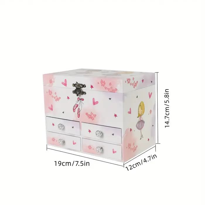 Boîte de rangement pour musique, boîte carrée à trois niveaux multi-compartiments avec quatre tiroirs et décoration miroir, design classique de ballerine, grand espace pour ranger des bijoux, des acce