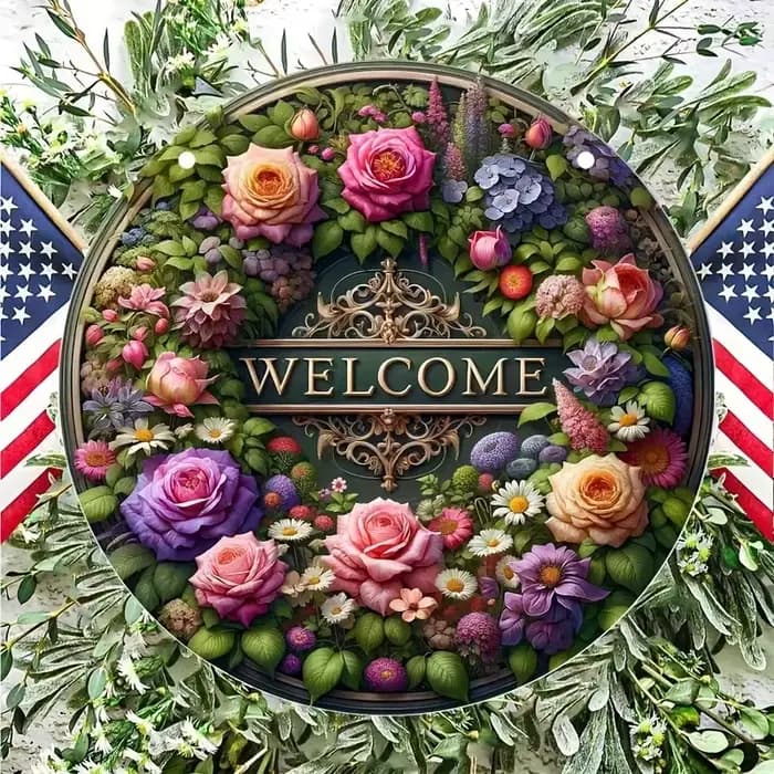 1 panneau de bienvenue en fleurs neuves, une étiquette ronde suspendue en bois pour la décoration de la maison, décorée avec une couronne floraison au centre