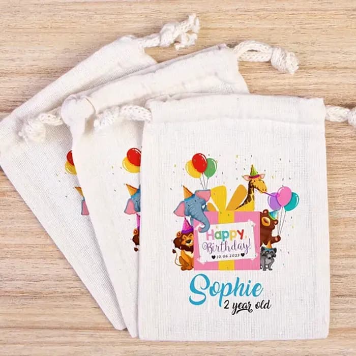 Sacs Gİft personnalisés avec animaux de dessin animé joyeux anniversaire, 5 pièces, cadeau de bienvenue pour fête, décoration de Table et accessoires pour premier anniversaire pour enfant 2 3ème