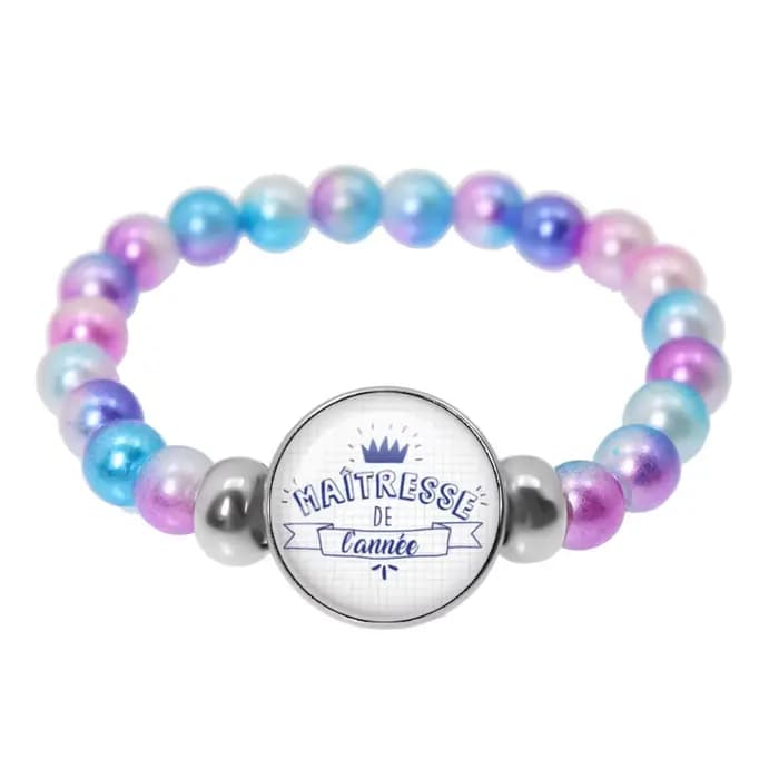 Bracelet élastique fait main avec perles colorées et breloque cabochon en verre, cadeau pour la Fête des Enseignants, motif 'Merci Maitresse'