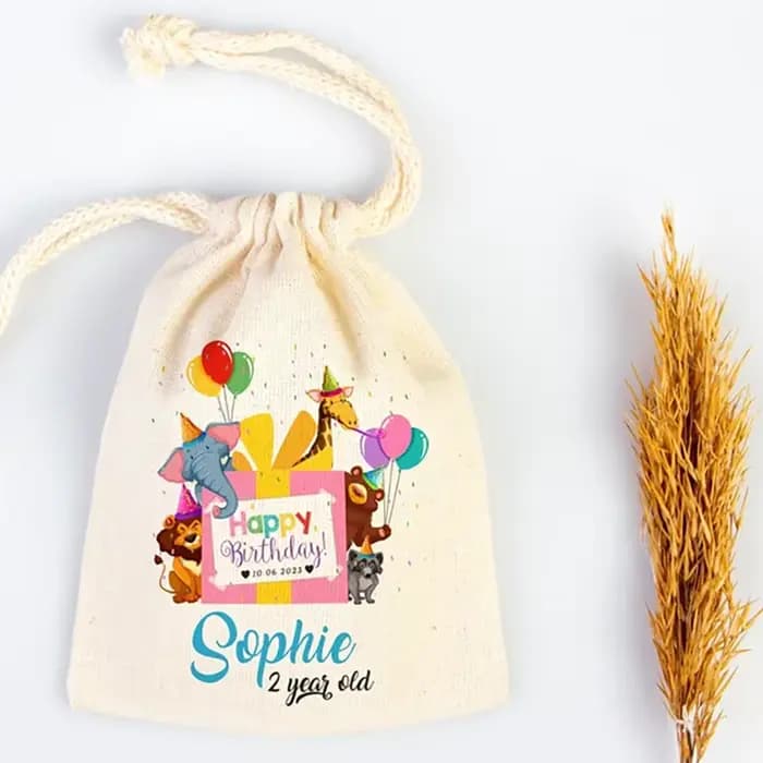 Sacs Gİft personnalisés avec animaux de dessin animé joyeux anniversaire, 5 pièces, cadeau de bienvenue pour fête, décoration de Table et accessoires pour premier anniversaire pour enfant 2 3ème