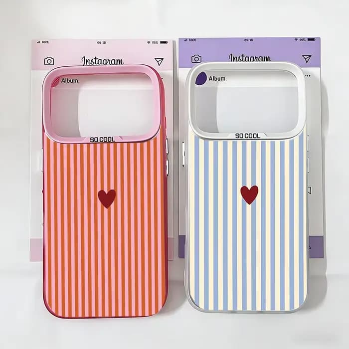 Coque de téléphone INS mignonne avec petit cœur, motif rayé rose et bleu, pour iPhone 16 17 Pro 15 17 Air 14 Plus 13 12 11 Pro Max, en IMD