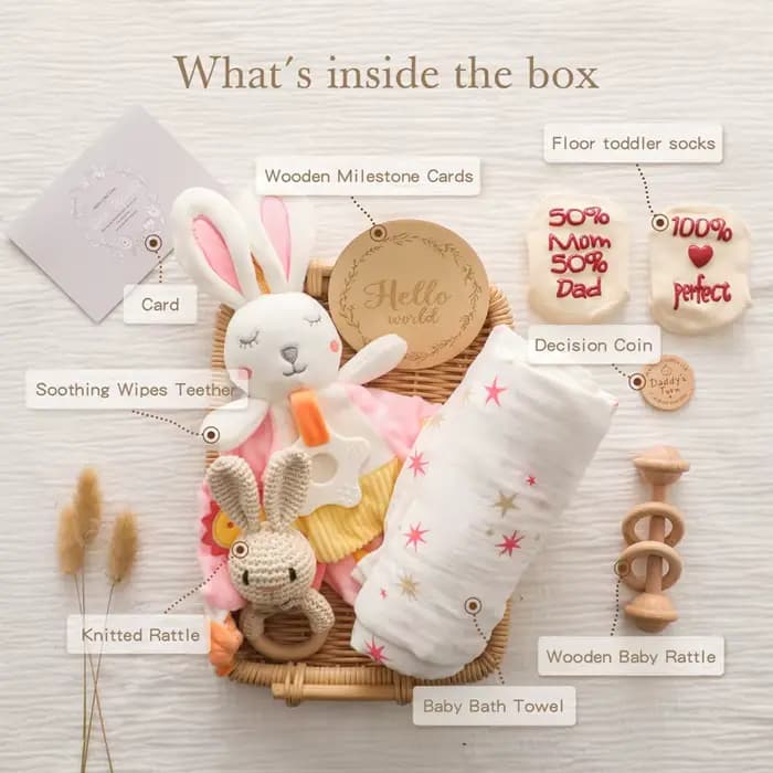 Coffret cadeau en bois pour bébé, ensemble hochet au Crochet, serviette confortable pour bébé, jouet hochet en Crochet, accessoires de photographie pour bébé, ensemble de jalon