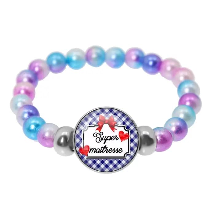Bracelet élastique fait main avec perles colorées et breloque cabochon en verre, cadeau pour la Fête des Enseignants, motif 'Merci Maitresse'