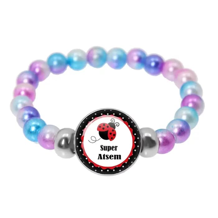 Bracelet élastique fait main avec perles colorées et breloque cabochon en verre, cadeau pour la Fête des Enseignants, motif 'Merci Maitresse'