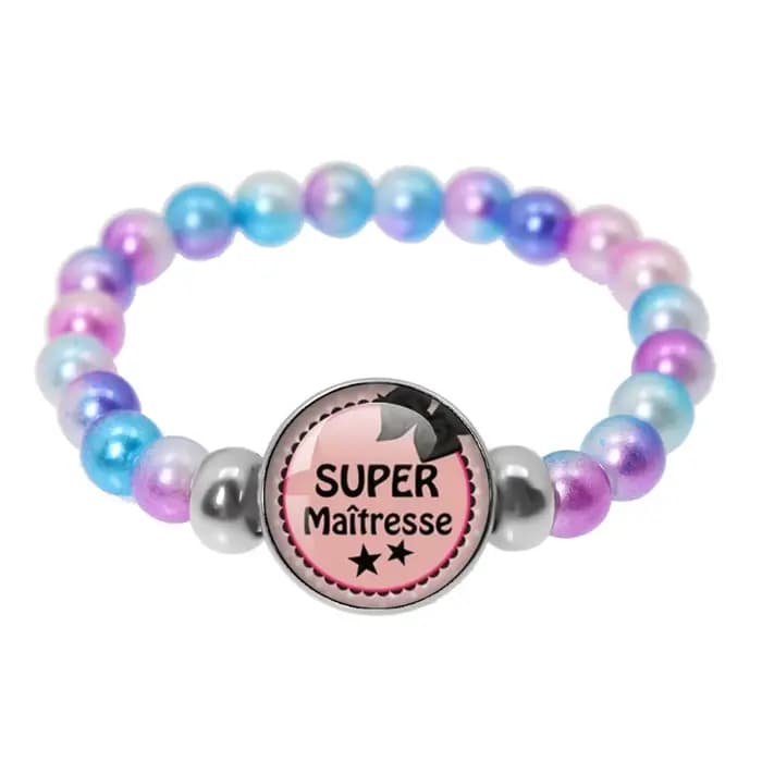 Bracelet élastique fait main avec perles colorées et breloque cabochon en verre, cadeau pour la Fête des Enseignants, motif 'Merci Maitresse'