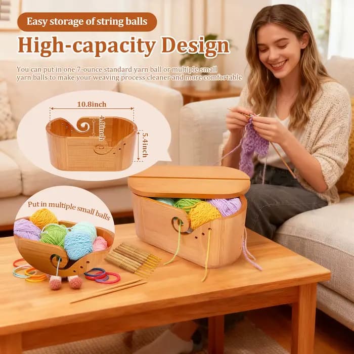 Bol de rangement de fil ovale, 1 pièce, bols de rangement de fil au Crochet avec couvercles, boîtes de rangement de laine en bois, outils de tricot, bol de rangement pour amoureux du tricot