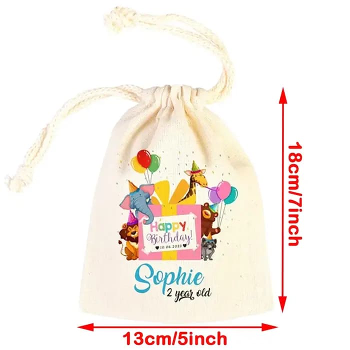 Sacs Gİft personnalisés avec animaux de dessin animé joyeux anniversaire, 5 pièces, cadeau de bienvenue pour fête, décoration de Table et accessoires pour premier anniversaire pour enfant 2 3ème