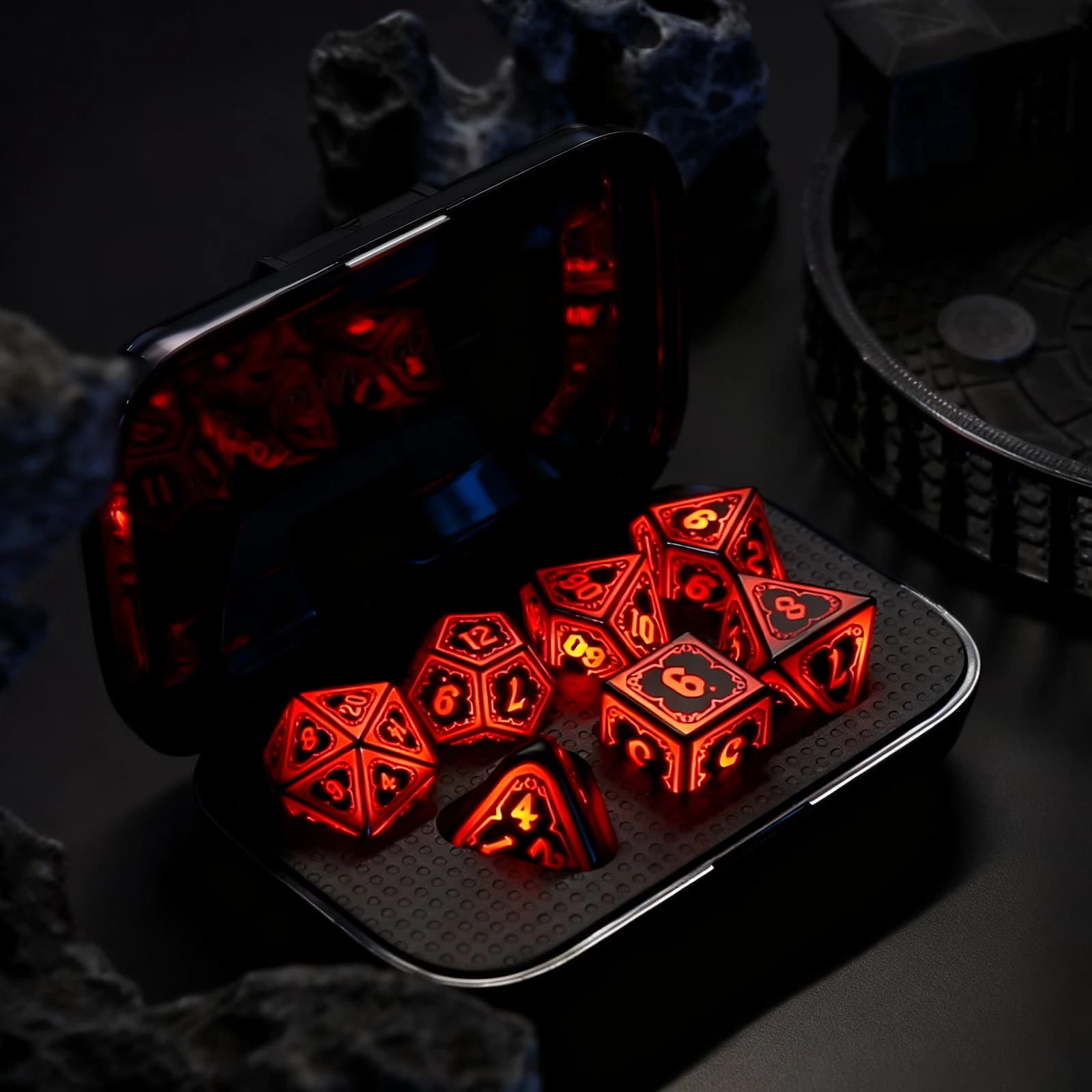 Dés à LED violets (7 pièces) avec boîte de chargement – Ensemble de dés polyédriques pour jeux de rô