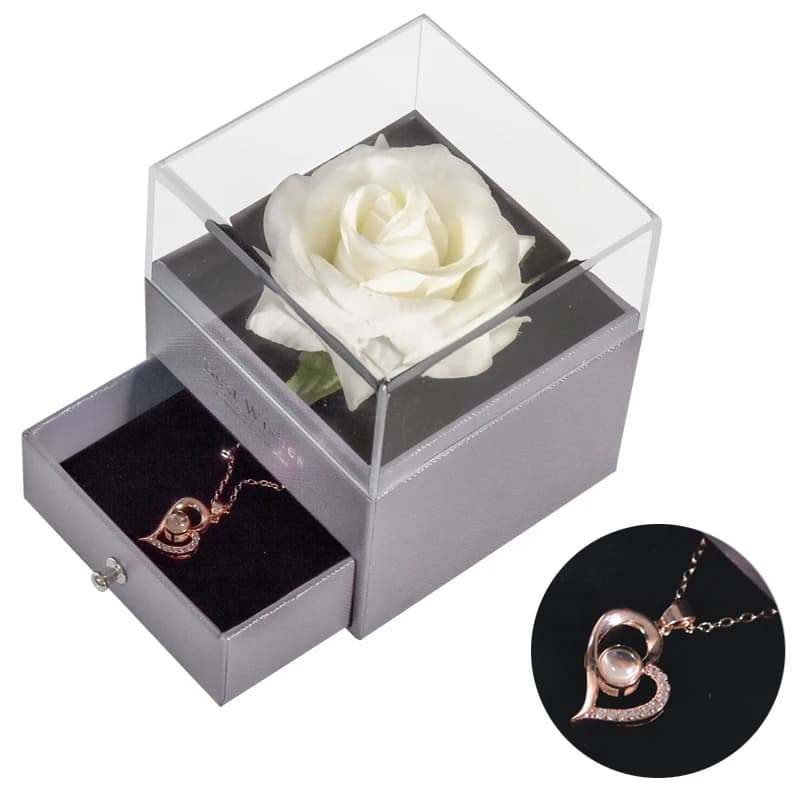 Boîte à bijoux fleur éternelle pour femme, collier je t'aime, cadeaux pour petite amie, cadeau de ma