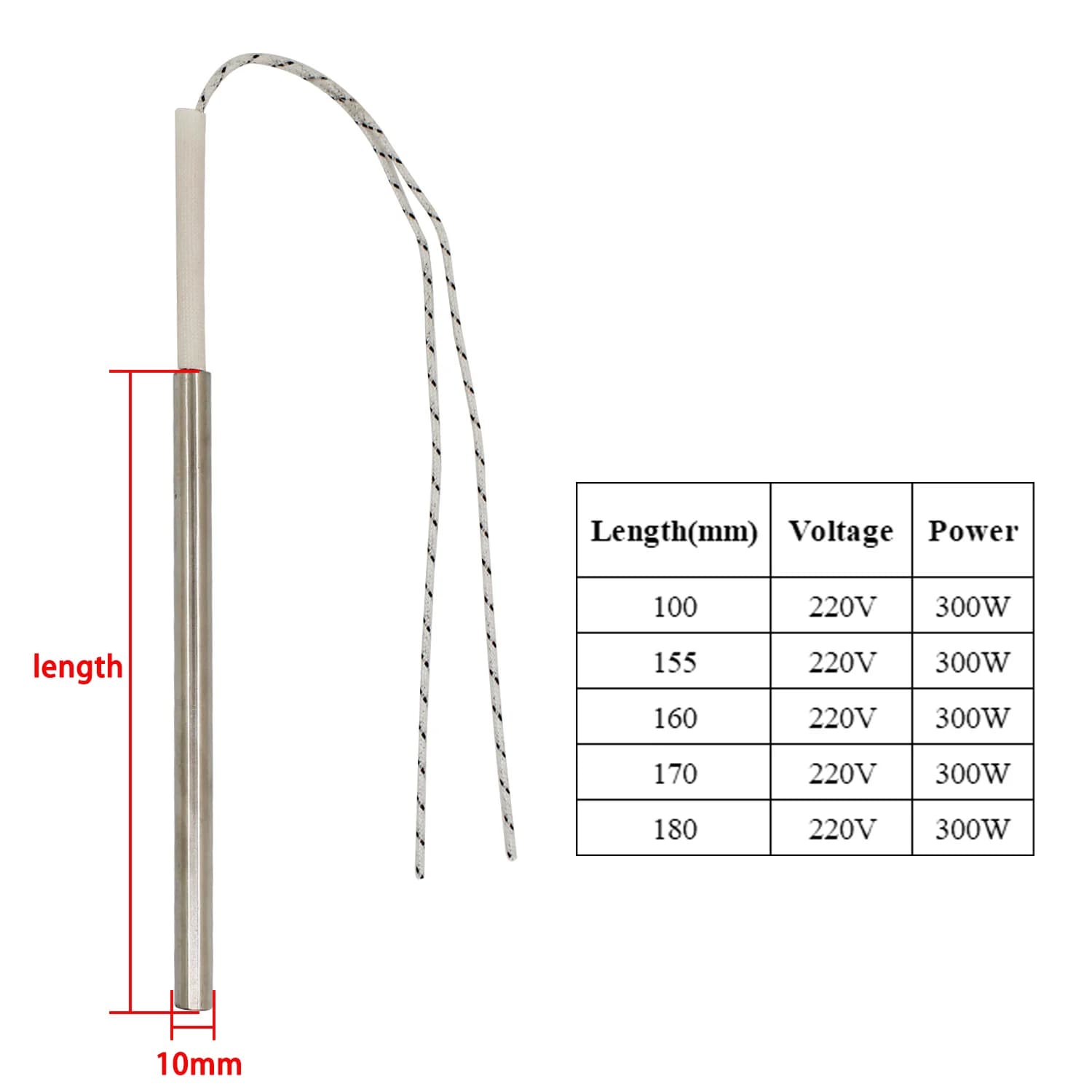 Pellet d'allumage de bougie d'allumage 220v 300w, 10x100mm/155mm/160mm/170mm/180m, élément chauffant