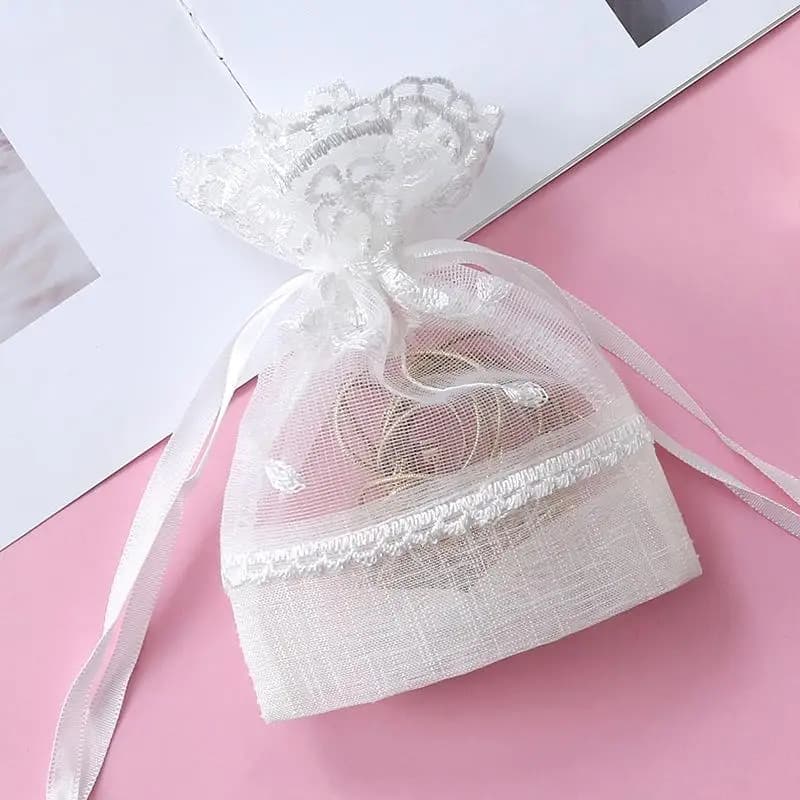 Sac cadeau blanc réutilisable en gaze et dentelle avec cordon de serrage pour cadeaux de festival, r