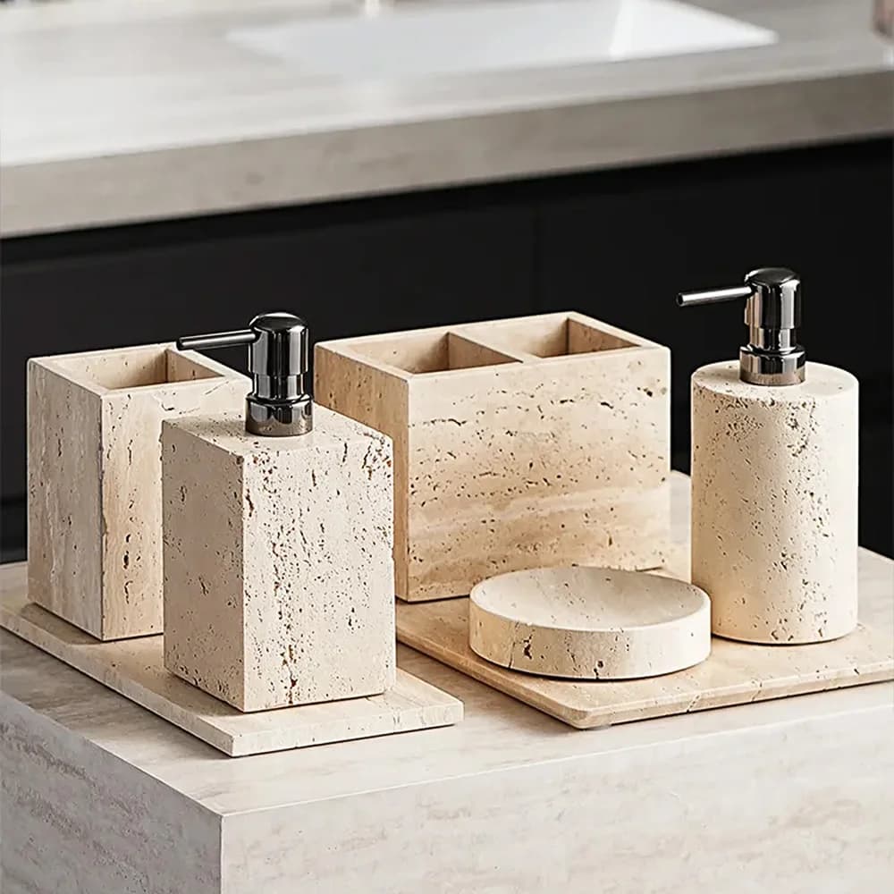 Ensemble d'accessoires de salle de bain minimaliste en travertin beige, design géométrique, kit de r