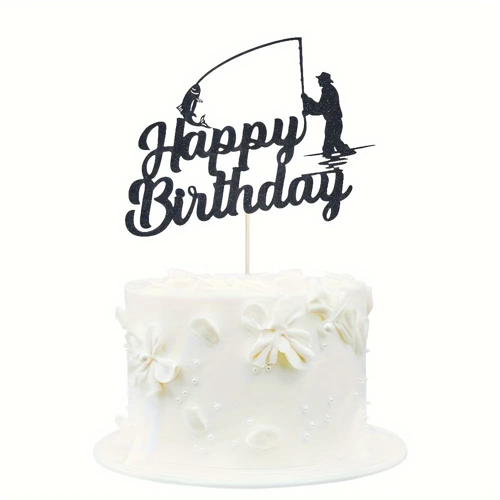 Décoration de gâteau joyeux anniversaire de pêcheur, thème extérieur, décor de fête de pêche, décor