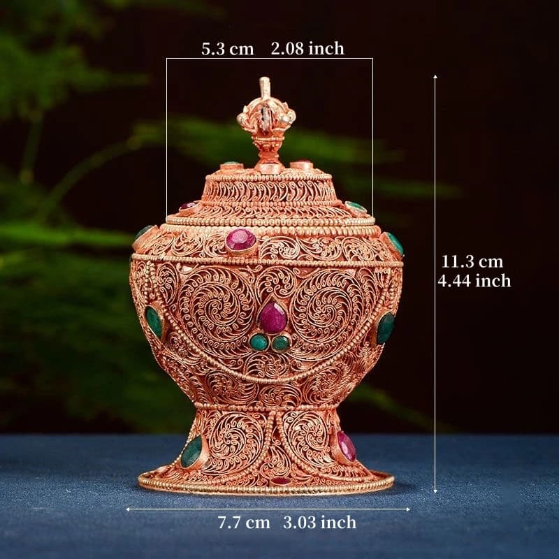 Trône bouddhiste, boîte de riz Tantra tibétain artisanale en cuivre avec pierres précieuses incrusté