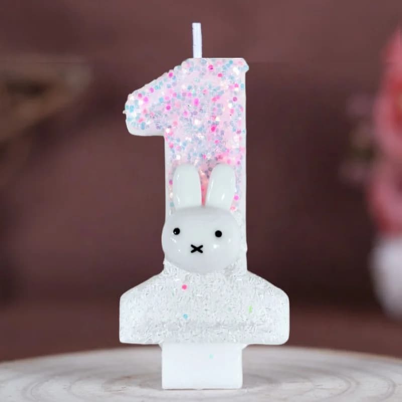 Bougie d'anniversaire scintillante Miffy mignonne - Décoration de gâteau rose et blanche scintillant
