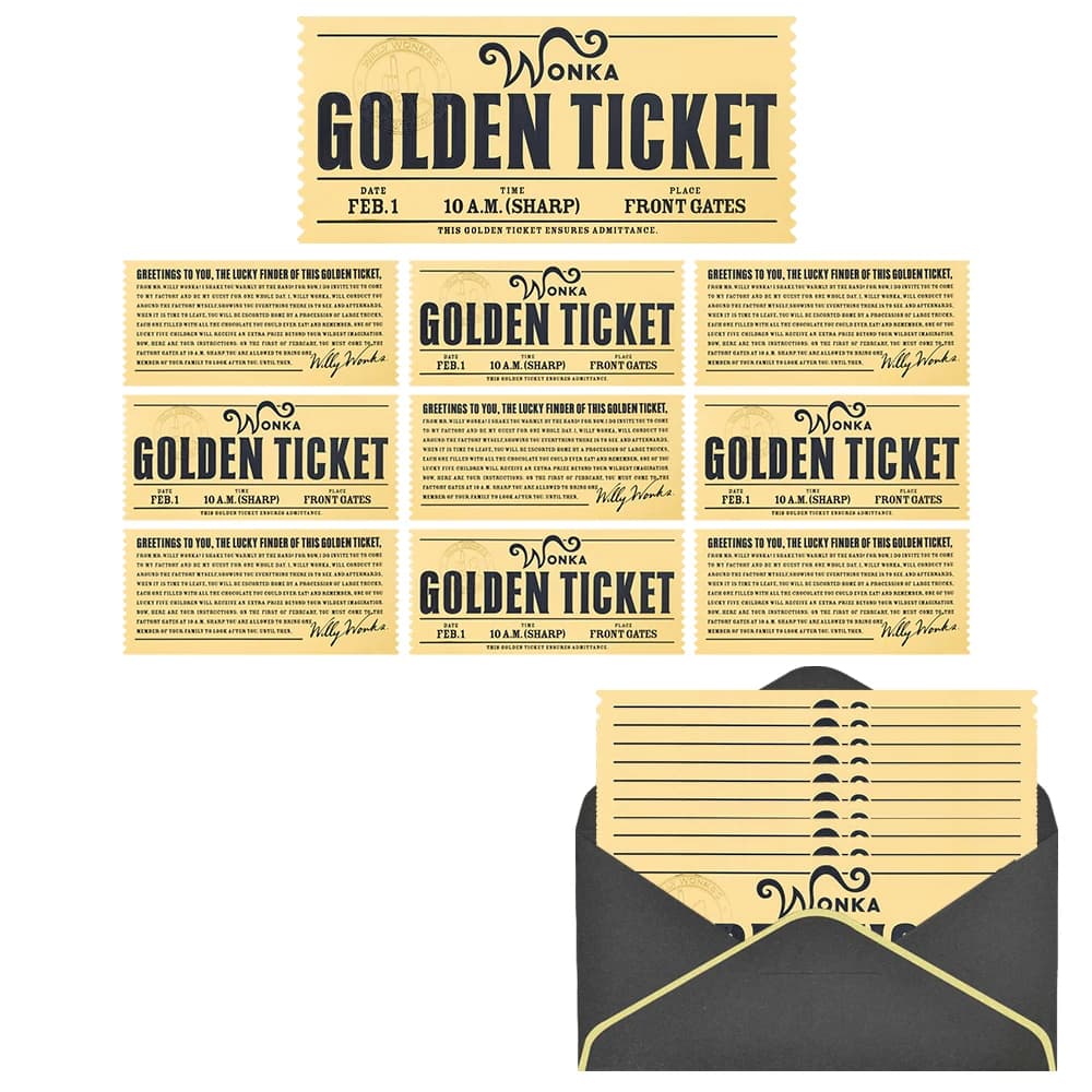 WONKA-Billets Dorés dans une Enveloppe, Feuille d'Or en PVC, Billet Porte-Bonheur de Noël, Anniversa