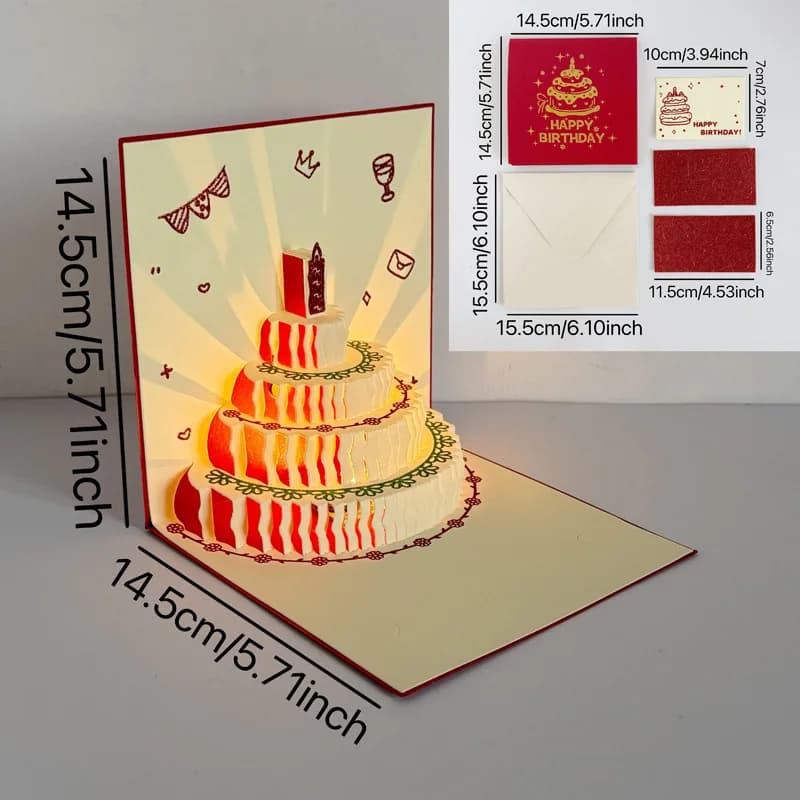 Carte de vœux 3D Joyeux Anniversaire, Cadeau de Noël, Carte musicale lumineuse, Carte pop-up Gâteau