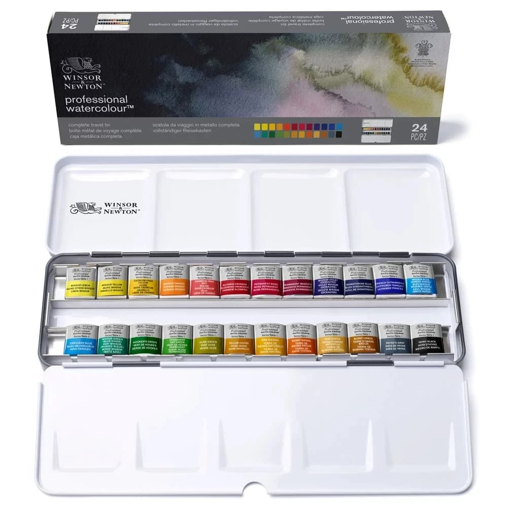 Winsor & Newton-Boîte métallique légère, 24 demi-casseroles, ensemble de poche de terrain pour docum