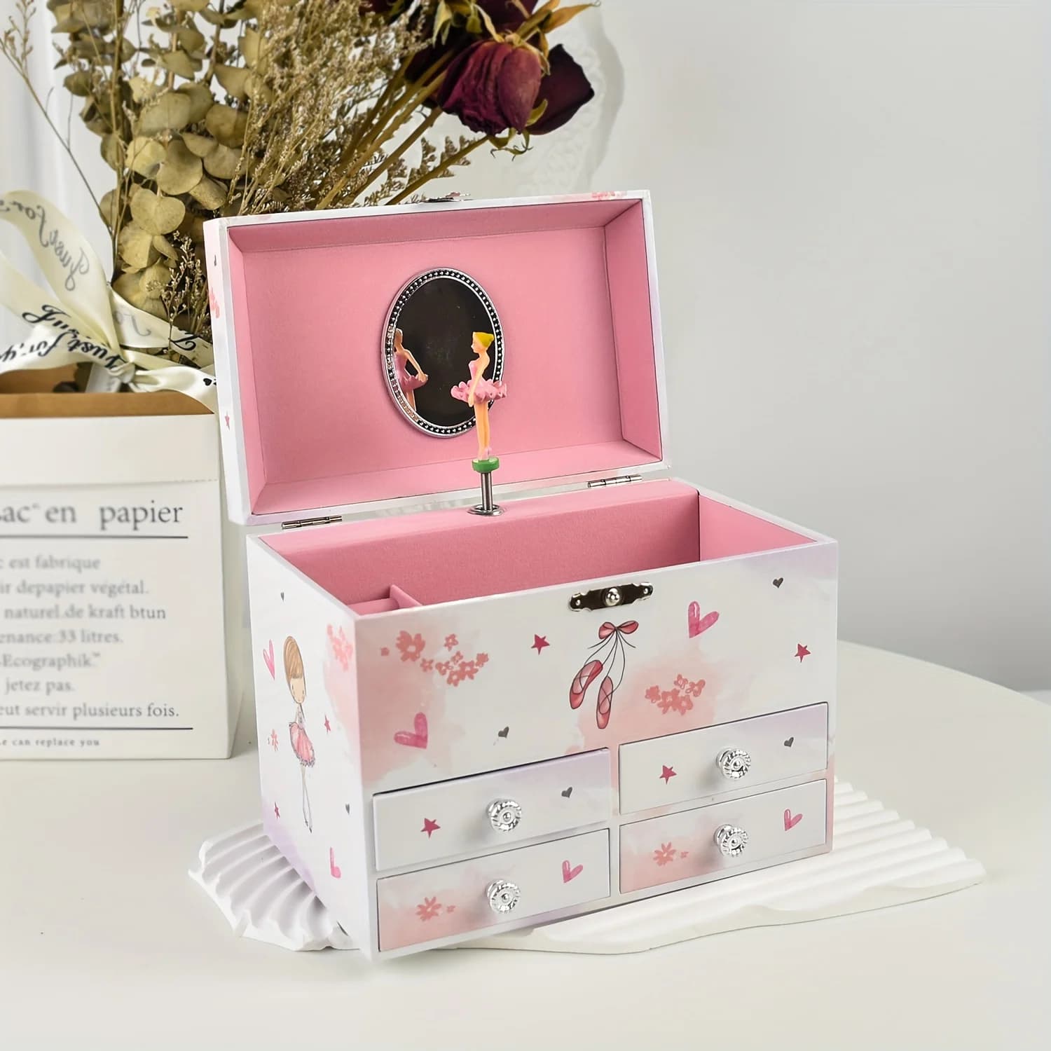 Boîte de rangement pour musique, boîte carrée à trois niveaux multi-compartiments avec quatre tiroir