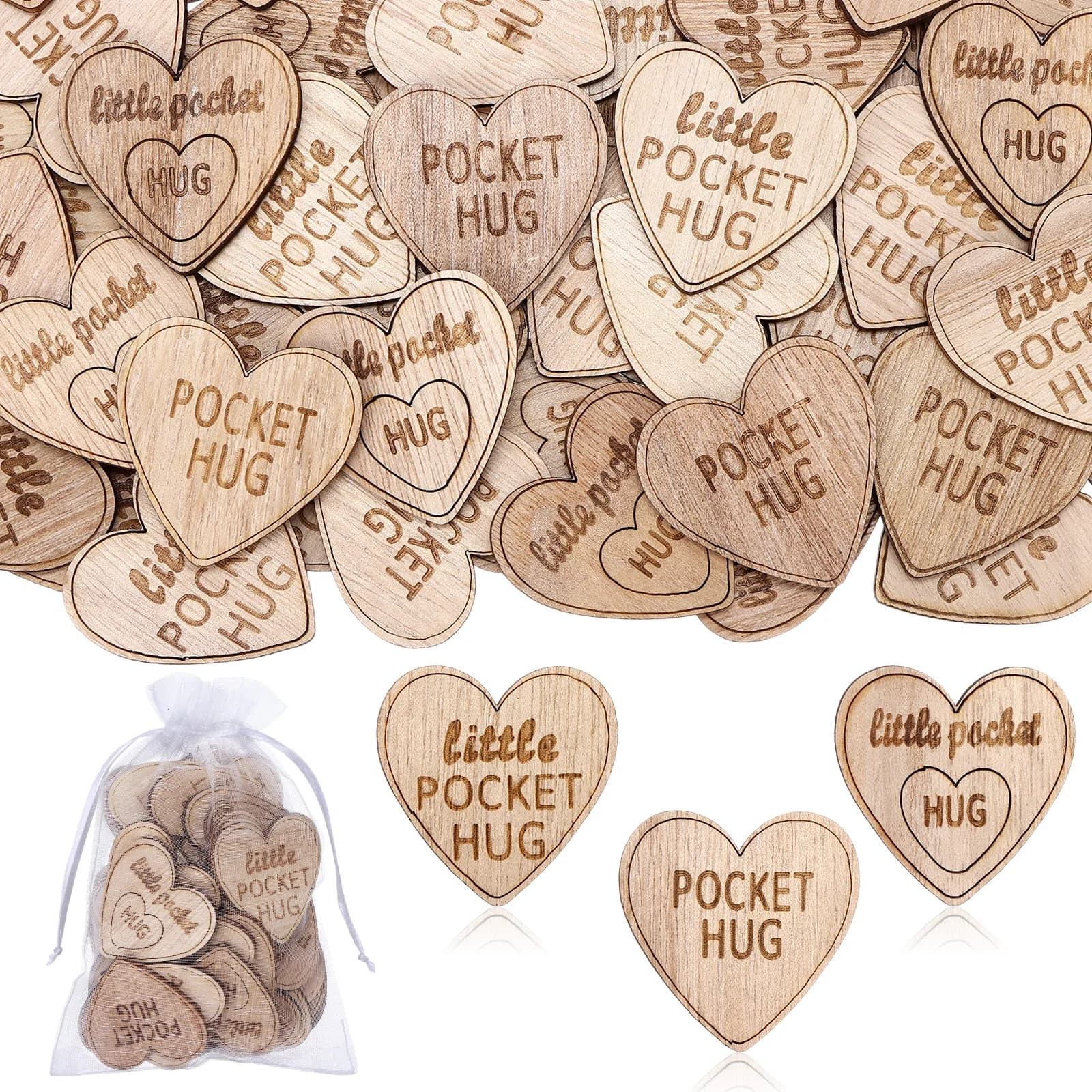 90 jetons de poche ronds en bois, lot en vrac, avec 3 sacs en organza, pour les amoureux, les collèg