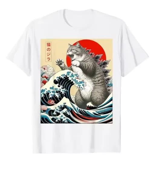 Art japonais Catzilla chat drôle chat cadeaux pour femmes T-Shirt unisexe coton T-Shirt haut col en