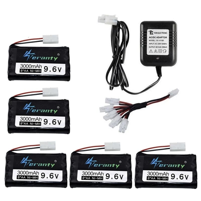 Batterie rechargeable 9,6 V 3000 mAh ou chargeur 9,6 V pour jouets télécommandés, voitures, chars, robots, pistolets, bateaux télécommandés, pack de batteries AA Ni-MH 9,6 V NiMH