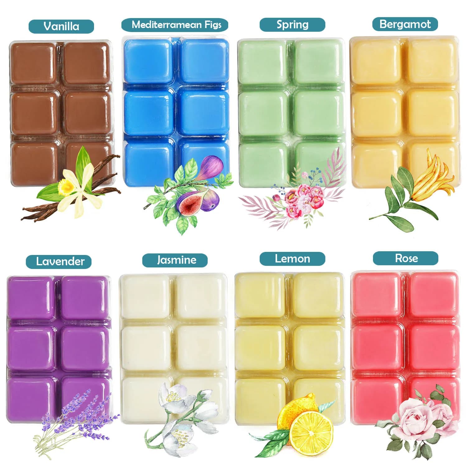 Ensemble de 8 blocs de cire parfumée, 8 parfums dont citron, rose, lavande, Gatherings, Sleep, Spa.
