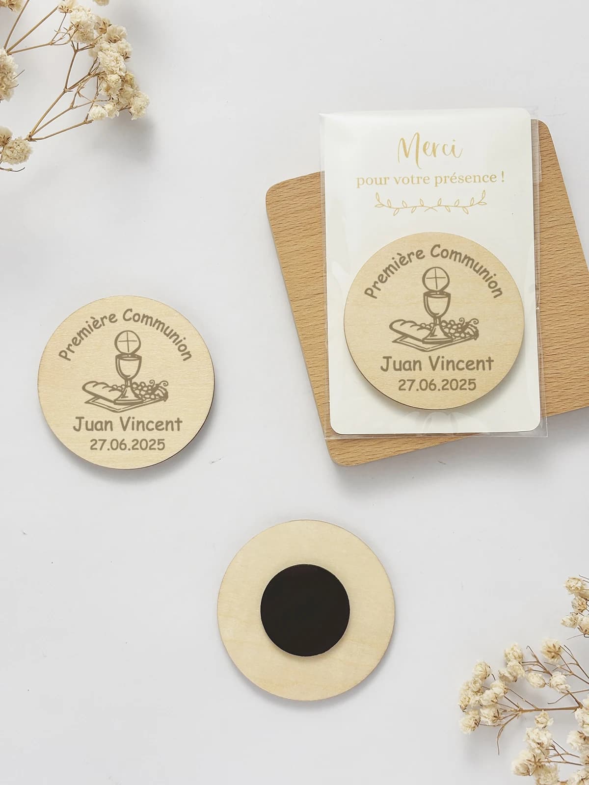 Cadeaux de communion pour invités, aimants en bois personnalisés, souvenir de première communion, aimant de réfrigérateur personnalisé avec carte de remerciement