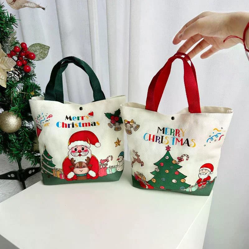 Sacs cadeaux de noël avec motifs de père noël, renne et bonhomme de neige, fourre-tout en toile Durable, sac à bonbons de fête, sac cadeau en vrac