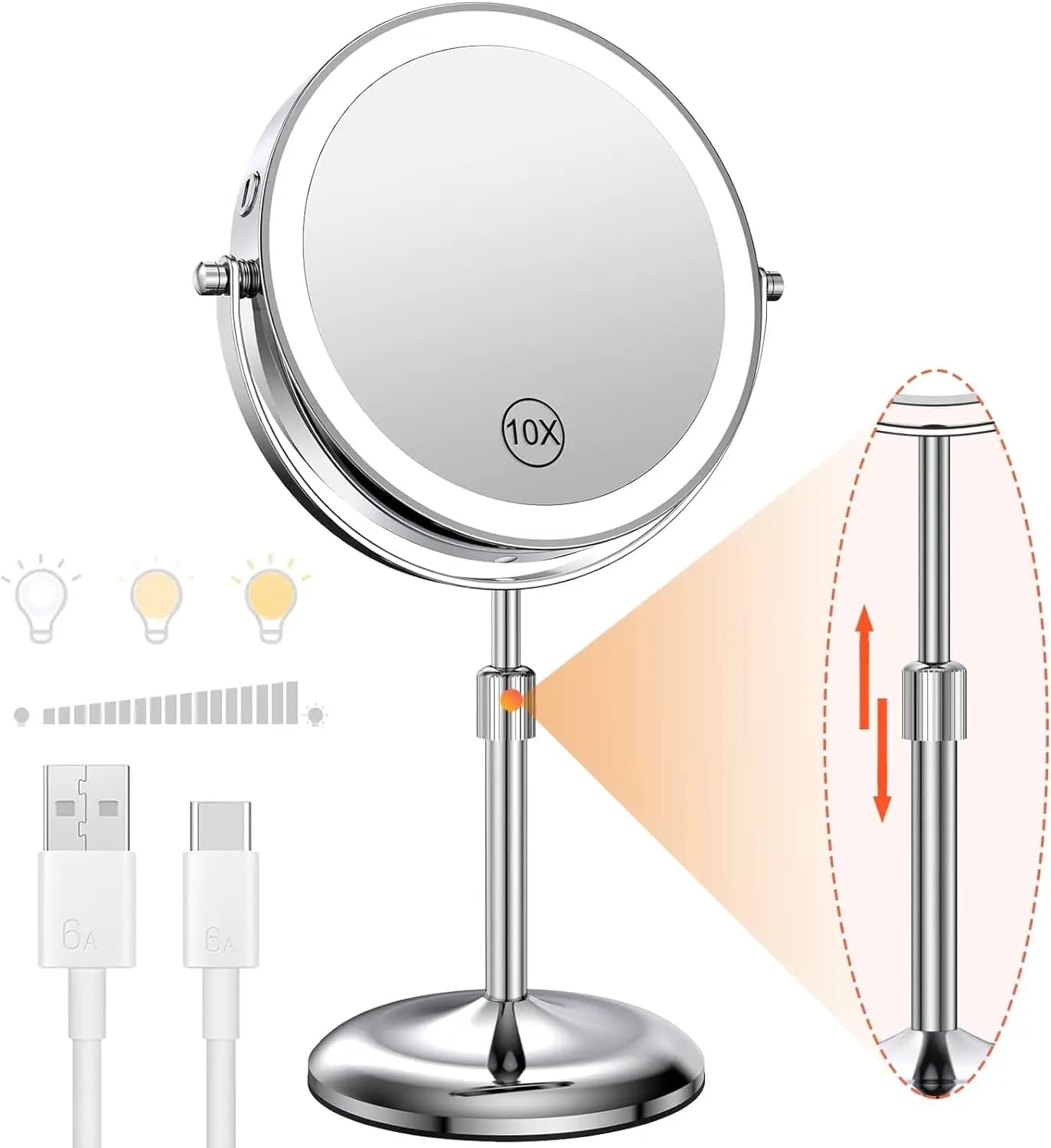 Miroir de maquillage debout avec lampe lumineuse, luminosité réglable, grossissement 10X, 3 lumières pour documents, recommandé, miroir cosmétique, 8 po