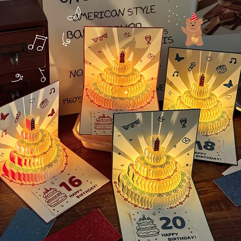 Carte de vœux 3D Joyeux Anniversaire, Cadeau de Noël, Carte musicale lumineuse, Carte pop-up Gâteau d'anniversaire avec enveloppe, Cartes d'invitation de Noël